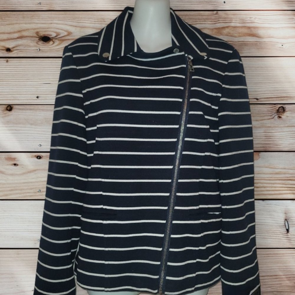BAGATELLE - Medium - Moto-Style Knit Blazer - Navy & White Stripe